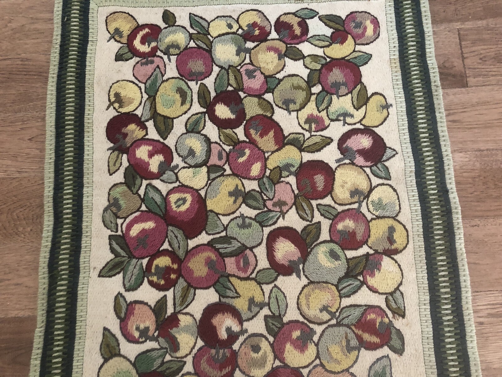 Vintage Hand Made Embroidered Needlework Rug with Fruits Field and Green Border