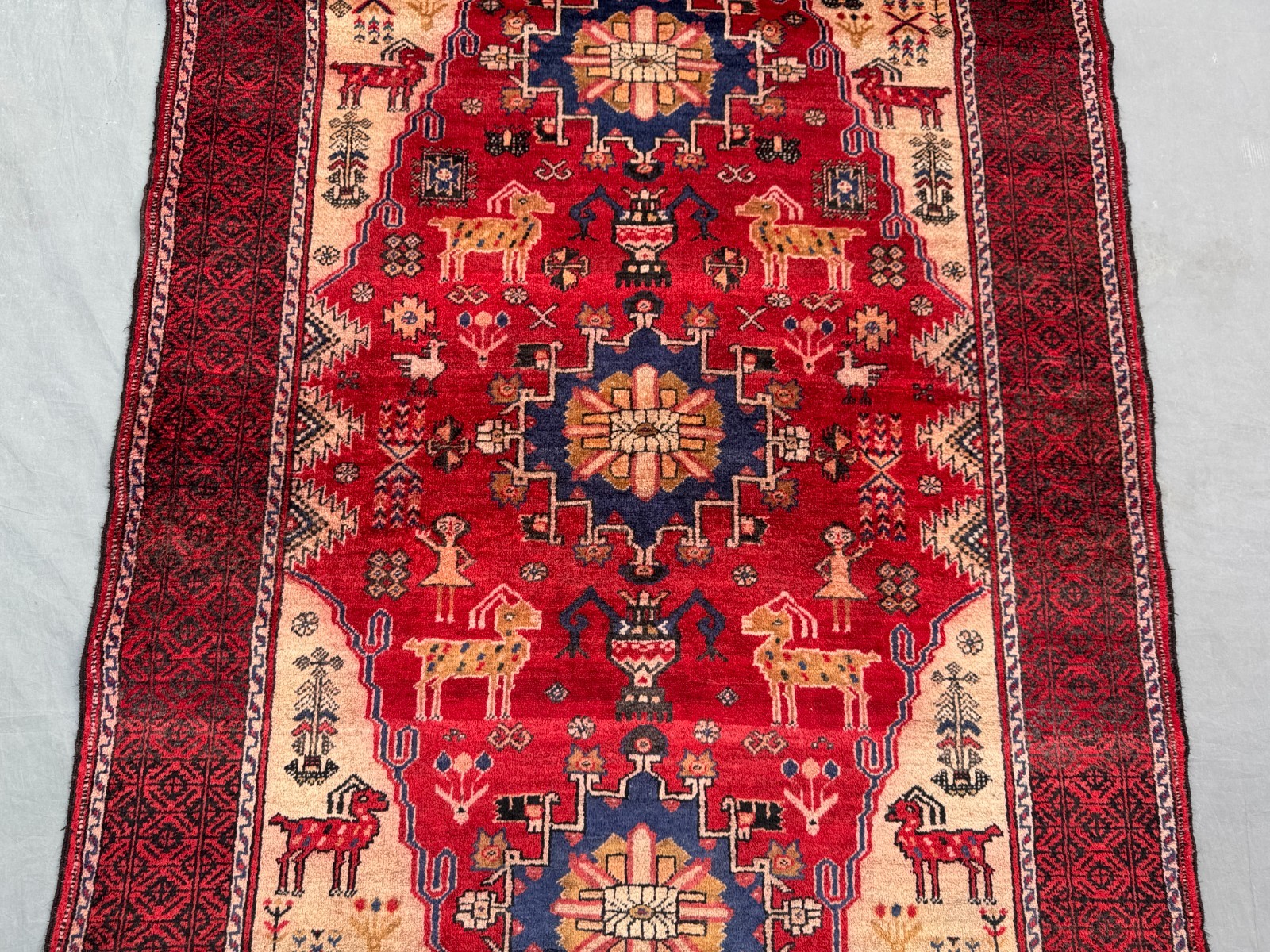 4×8 Handmade Afghan Turkoman Pictorial Rug Animal Motif Wool Carpet Vintage