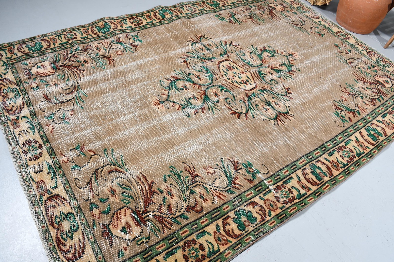 Turkish Vintage Rug, 6,2×9 ft Rug, Brown Green Bordered Wool Rug