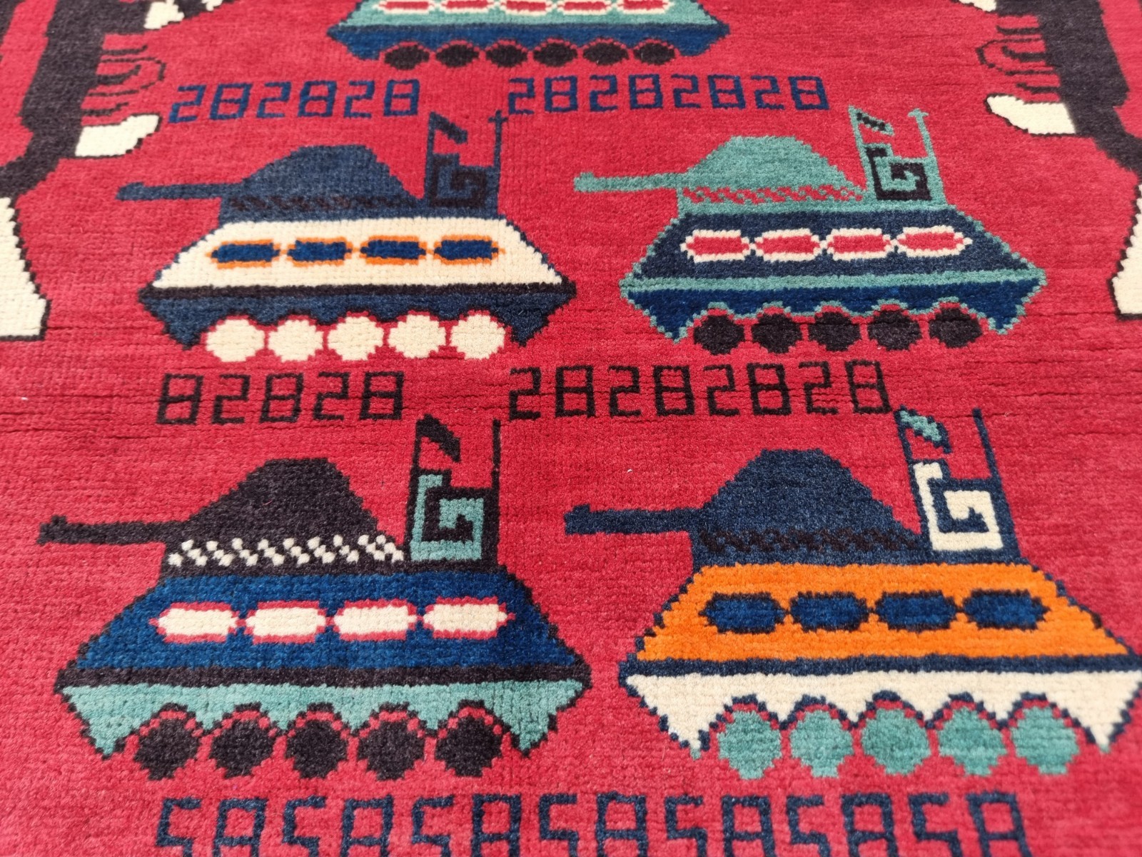 Afghan War Rug Handmade Wool Military Tank Carpet Red Tribal knotted war Art