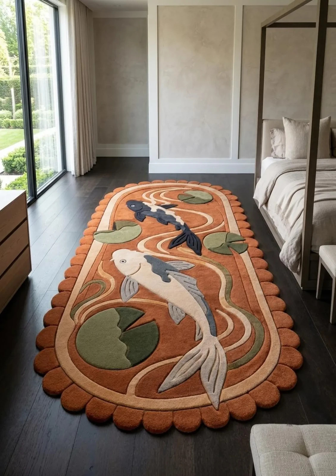 Hand Tufted Koi Fish Runner Rug Japanese Pond Wool Runner Scalloped Edge Hallway