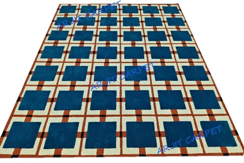 Modern Geometric Hand-Tufted Wool Rug – Bold Grid Pattern Area Living Room