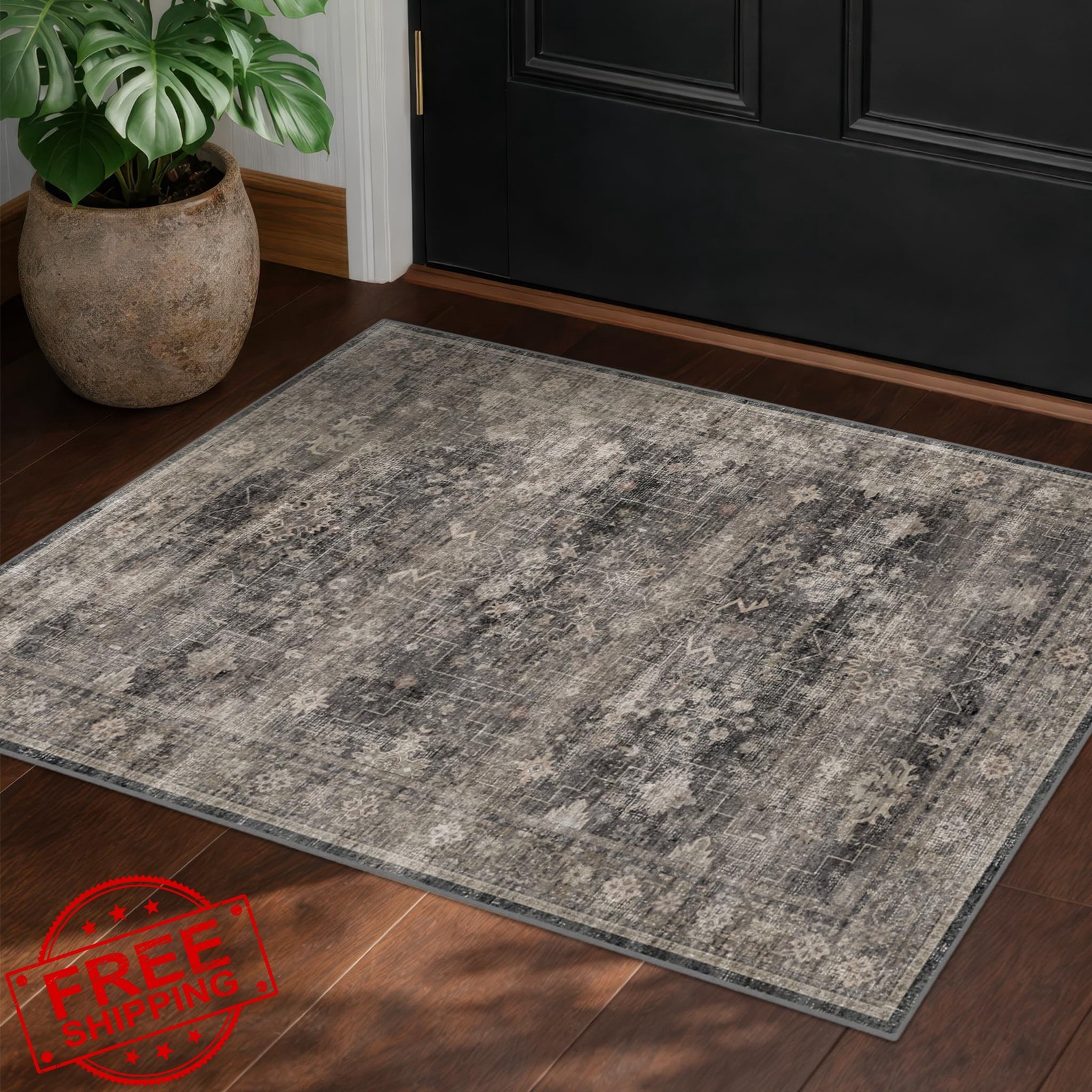 Lophira 2×3 Entryway Rug Charcoal Cream Beige Black Gray Distressed Geometric