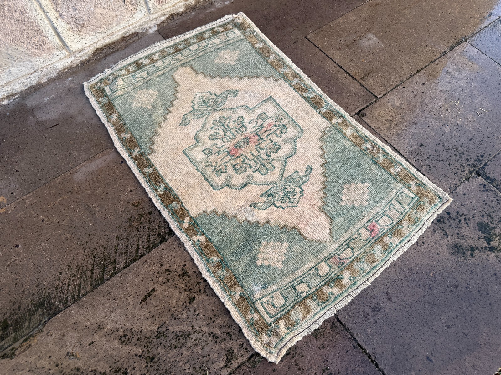 Small Vintage Oushak Rug 1.8×2.8 Ft Sage Green Cream Pink Wool Accent