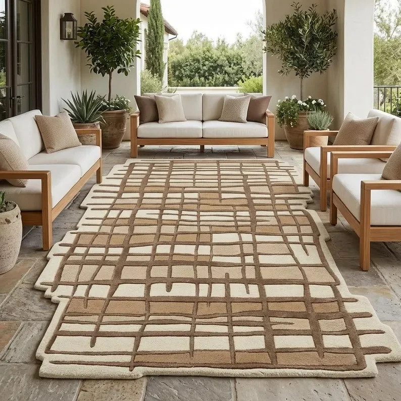 Hand Tufted Modern Geometric Wool Area Rug Beige Brown Abstract Designer Carpet