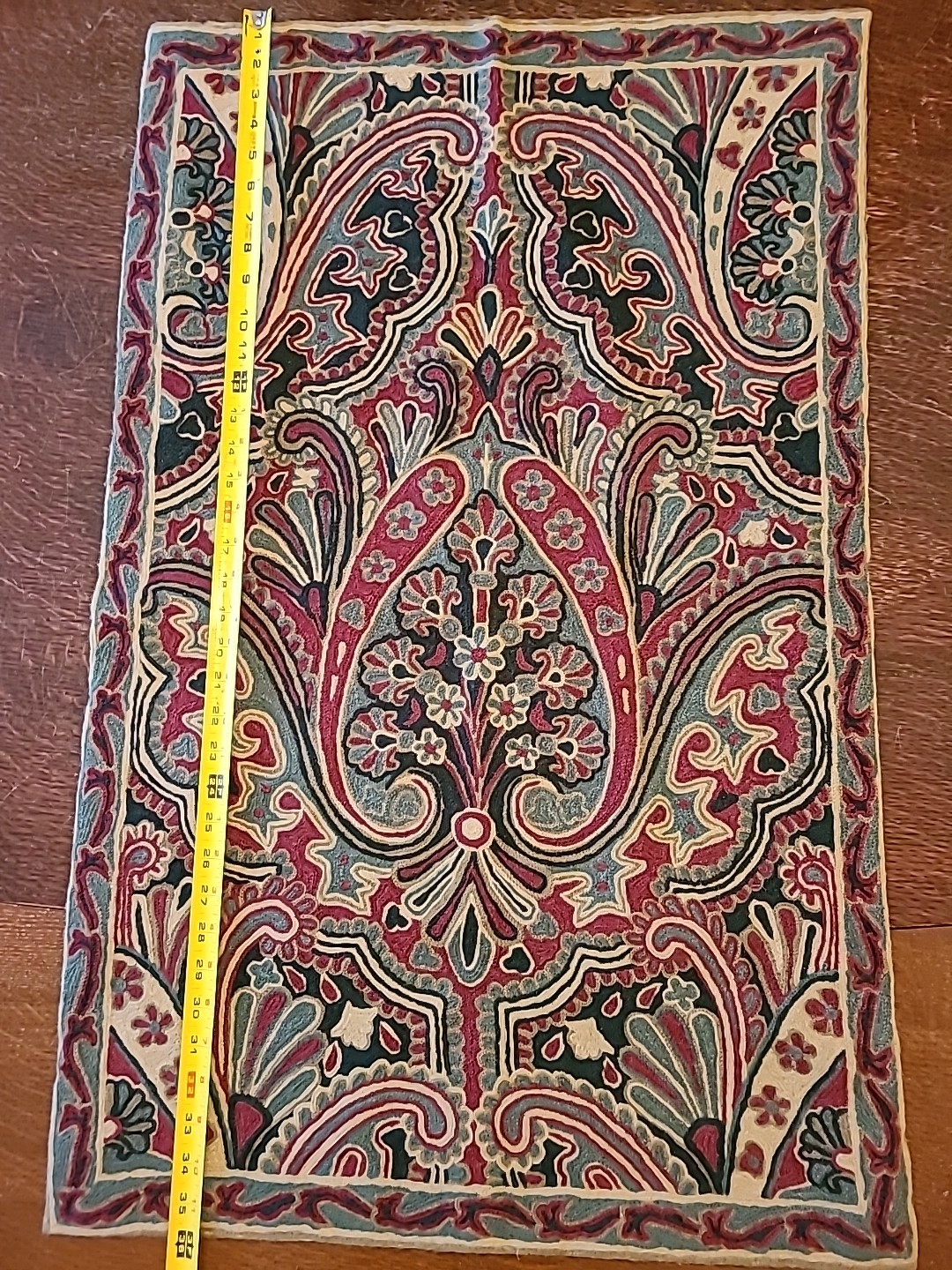 Hand Embroidered Chain Stitch Wool Rug Crewel 36×23 Cotton Backed Floral/Paisley