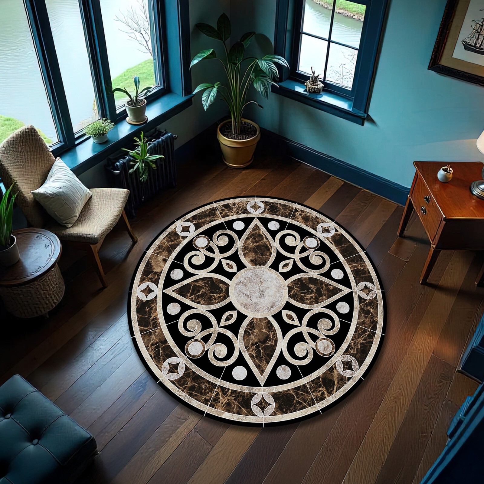 Brown Baroque Rug Real Looking Marble Tile Carpet Entryway Round Mat Yacht Decor