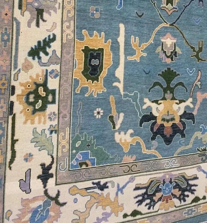 Oushak Antiq Blue/Cream Contemporary Hand-knotted Rugs& Carpets for living area.