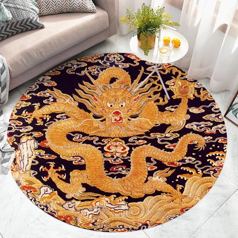 Retro Style Round Dragon Pattern Carpet Living Room Floor Mat Bedroom Decoration