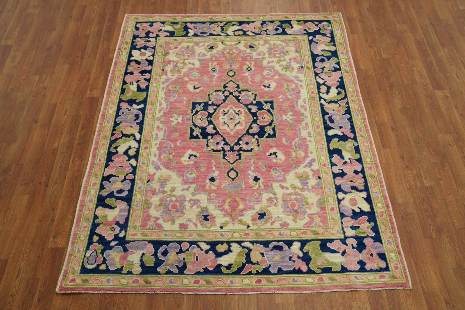 Vegetable Dye Pink/ Navy Blue Oushak Turkish Rug 5×7 ft Hand-knotted Wool Carpet