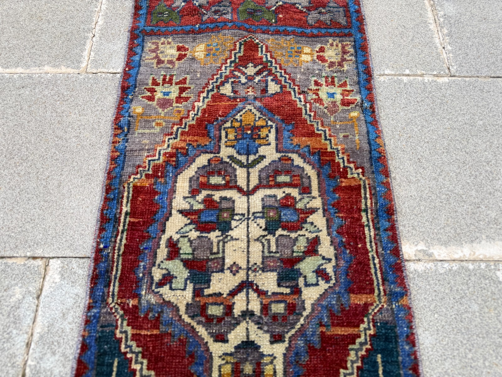 Vintage Turkish Rug 1.3×3.1 ft Faded Red Navy Blue Boho Accent Rug