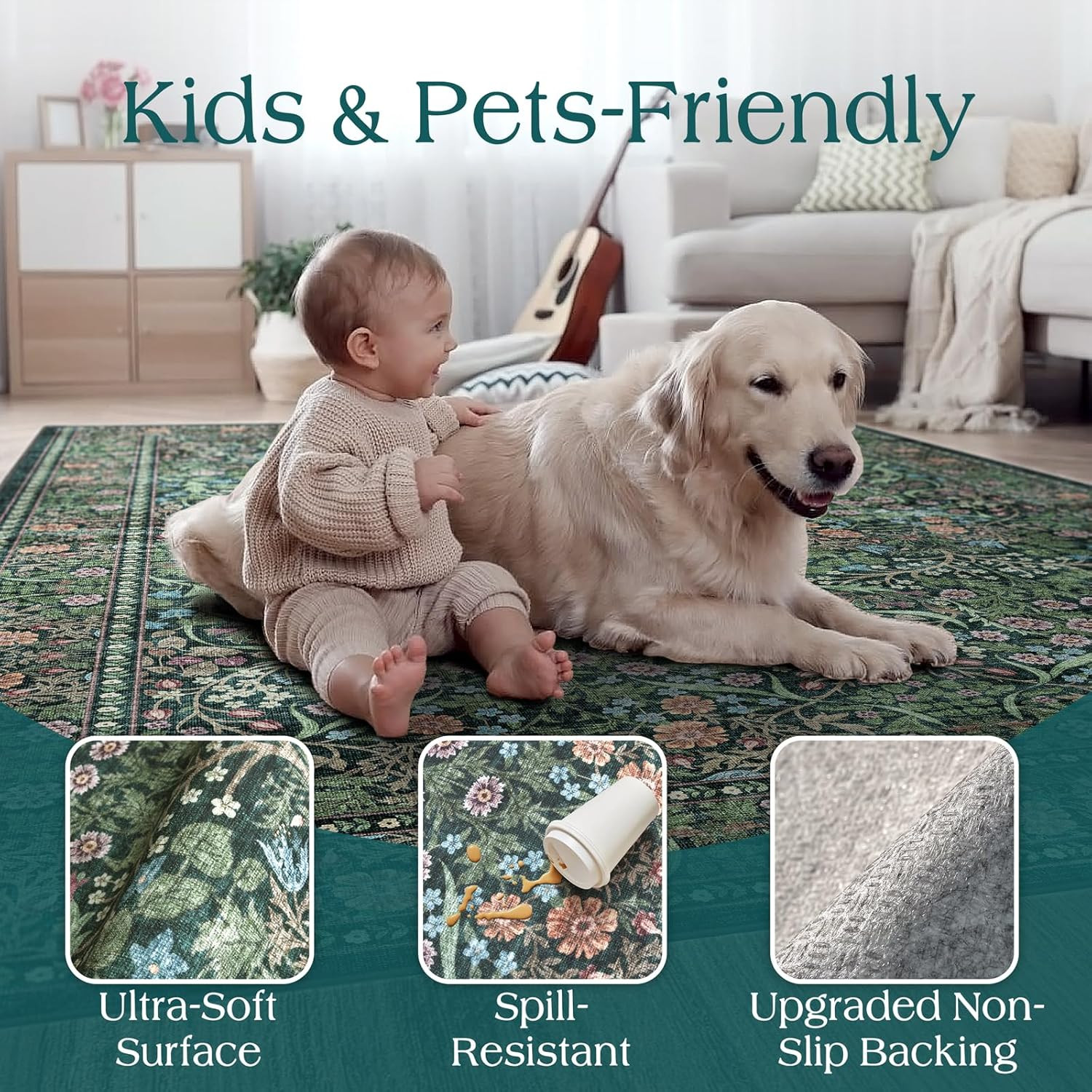 Large Washable Floral Rug – 9×12 Dark Green Boho Area Carpet for Living Room