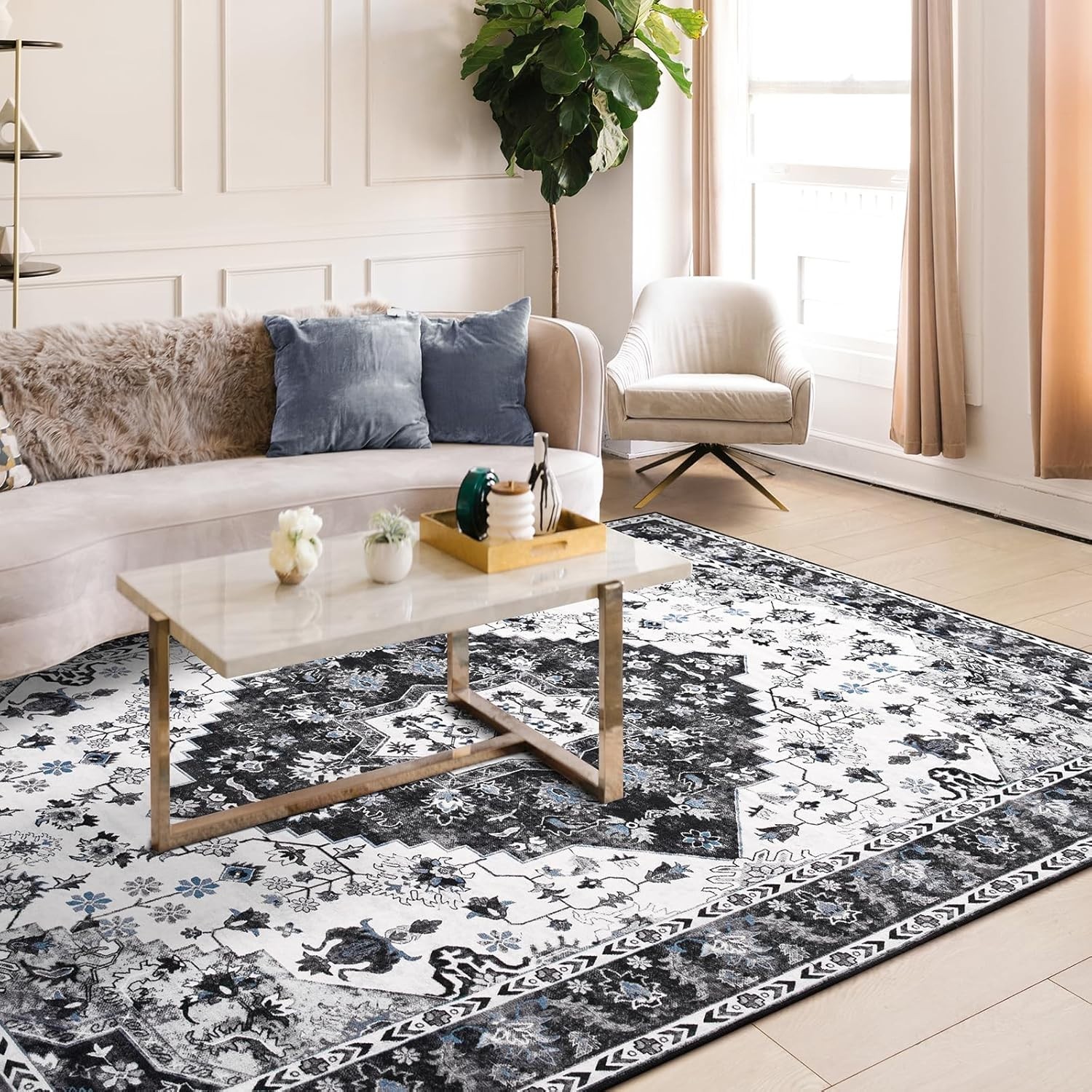 Soft & Durable Vintage Floral Rug 4×6 – Low Pile, Machine Washable Home Decor