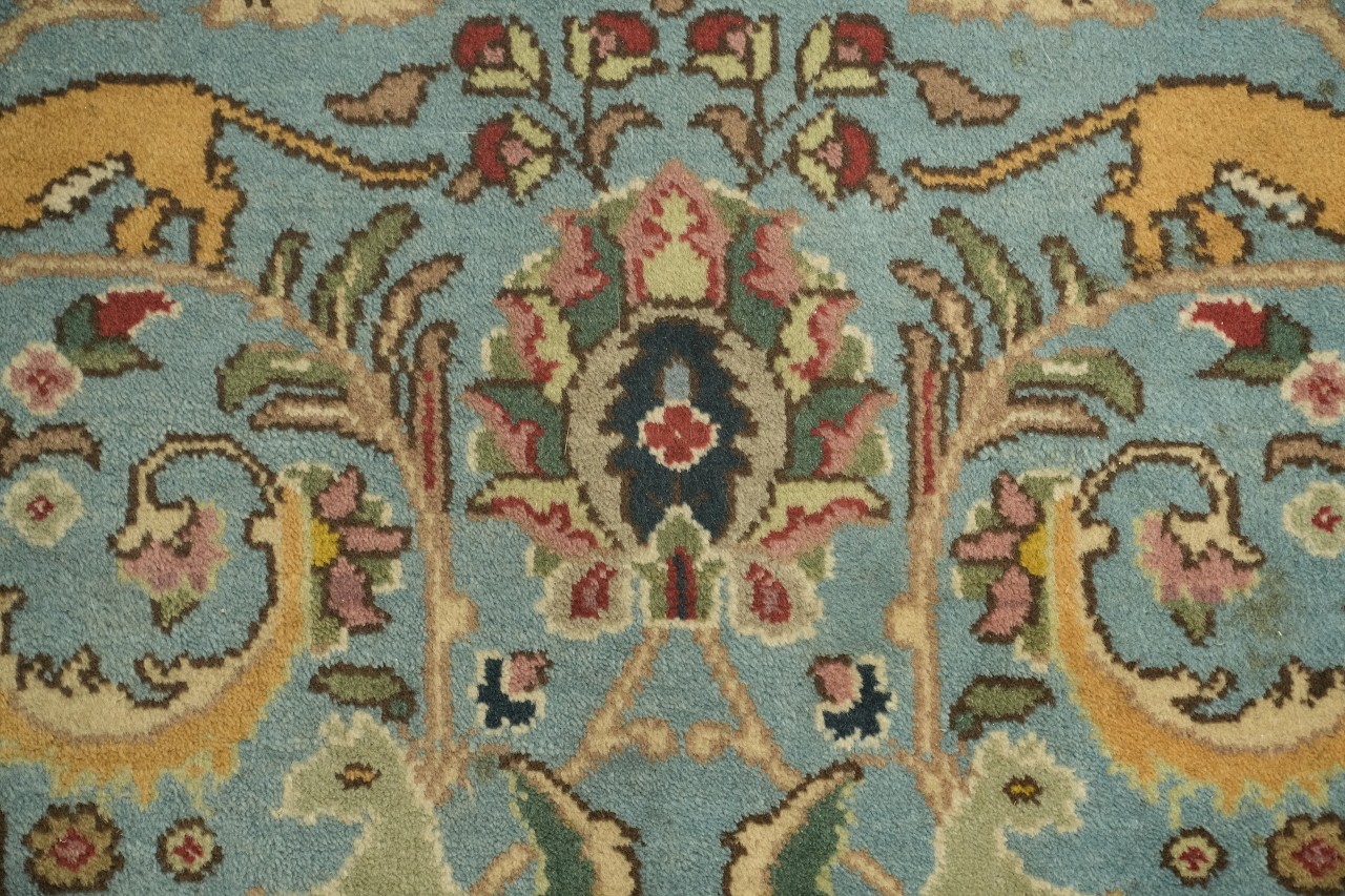 Blue Vintage 8×11 Oriental Wool Area Rug in All-Over Mustard Yellow & Blue Tones
