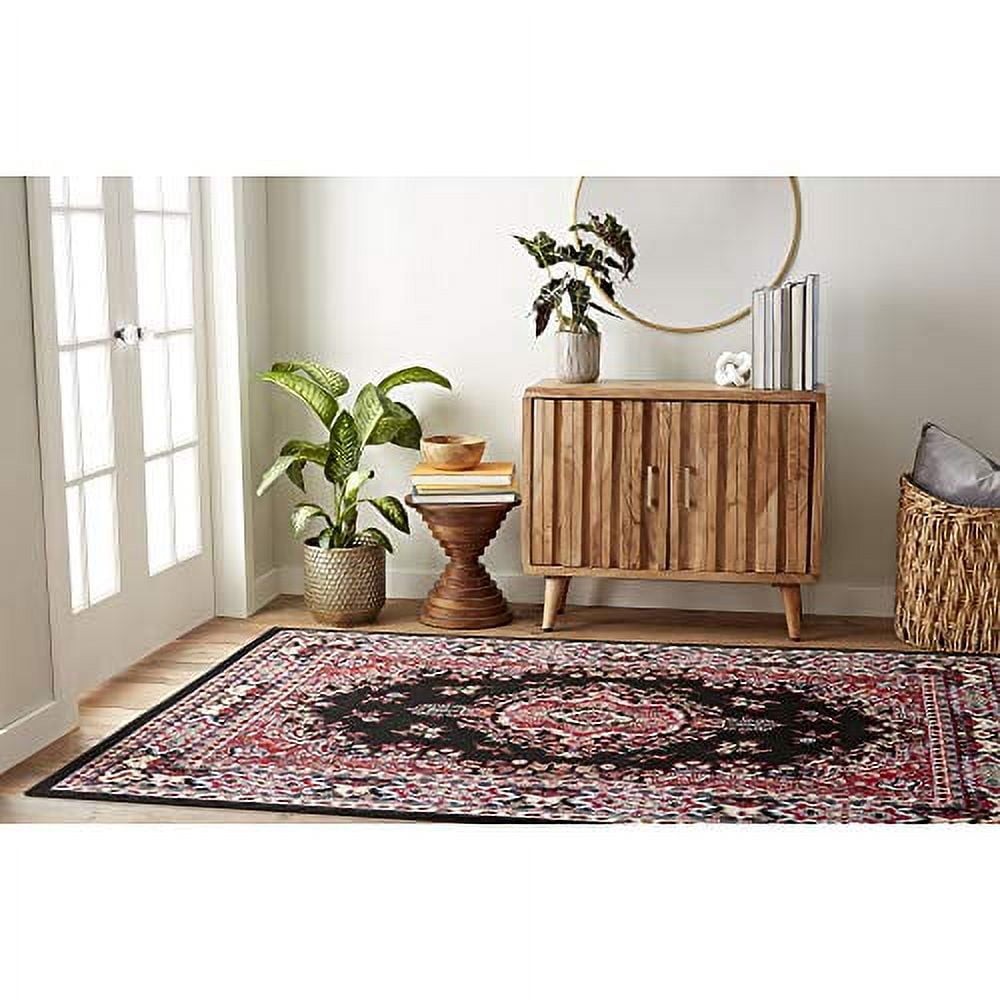 Traditional Medallion Oriental Area Rug Black and Red 21×35 Inches Vintage