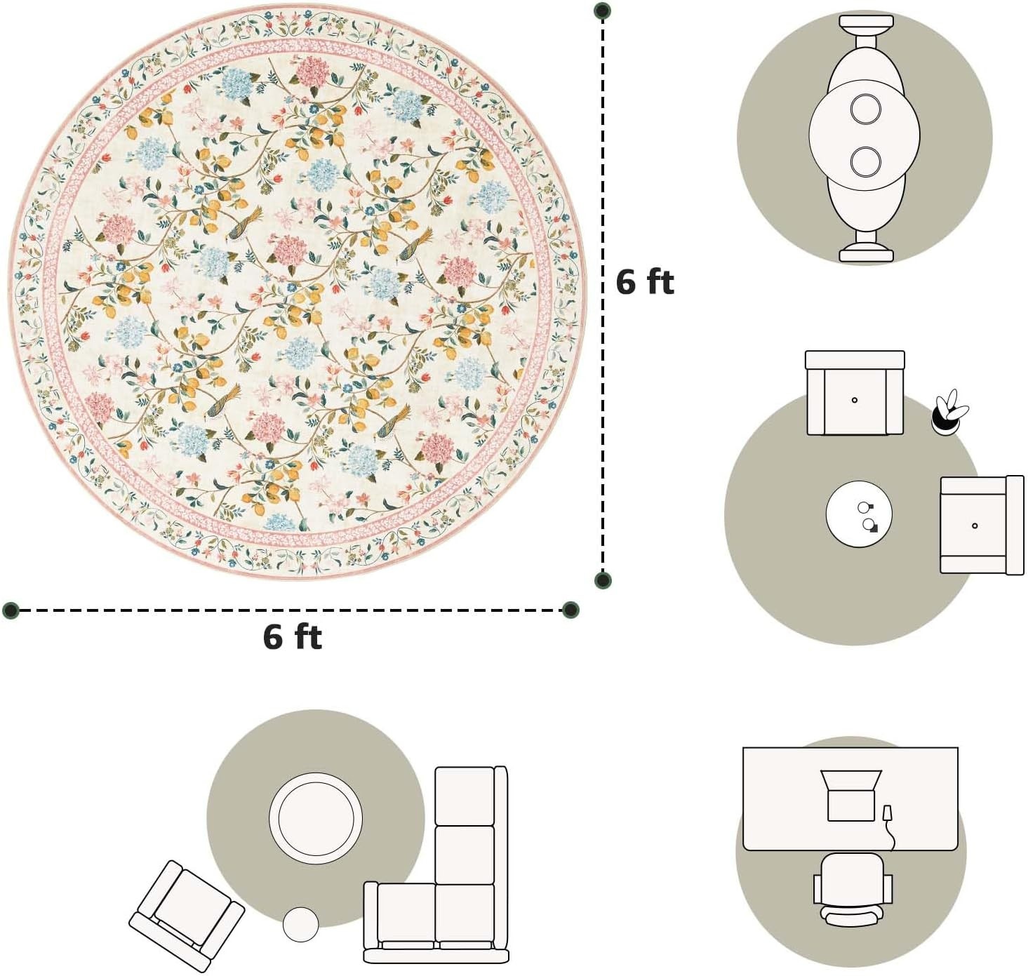 6Ft Circle Rug, Floral Soft Carpets Washable Non Slip, Botianical Flower Printed