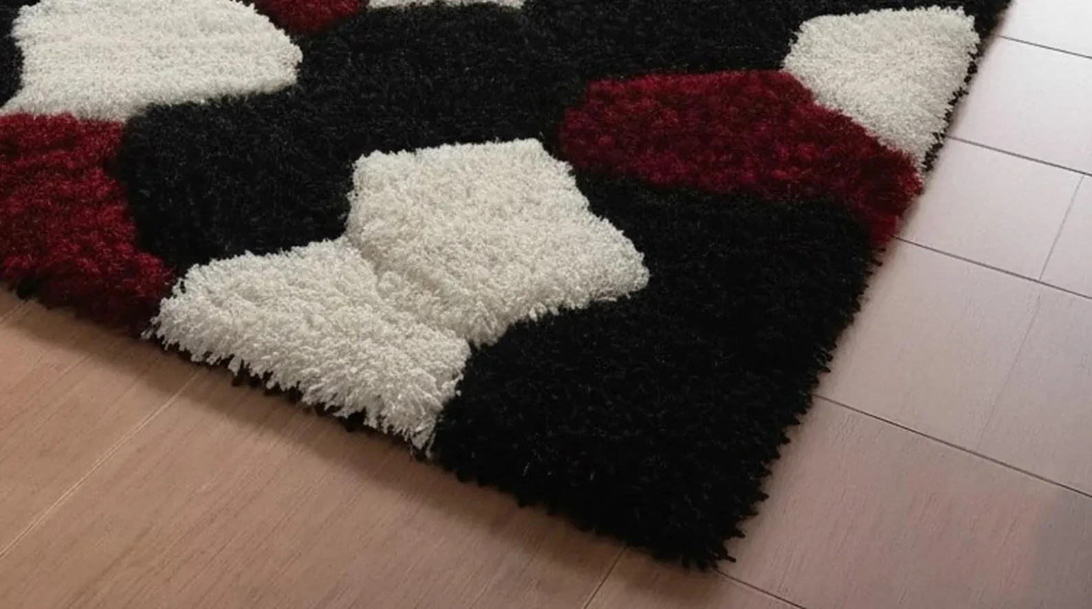Geometric Shag Area Rug | Black, Red & White 3D Pattern