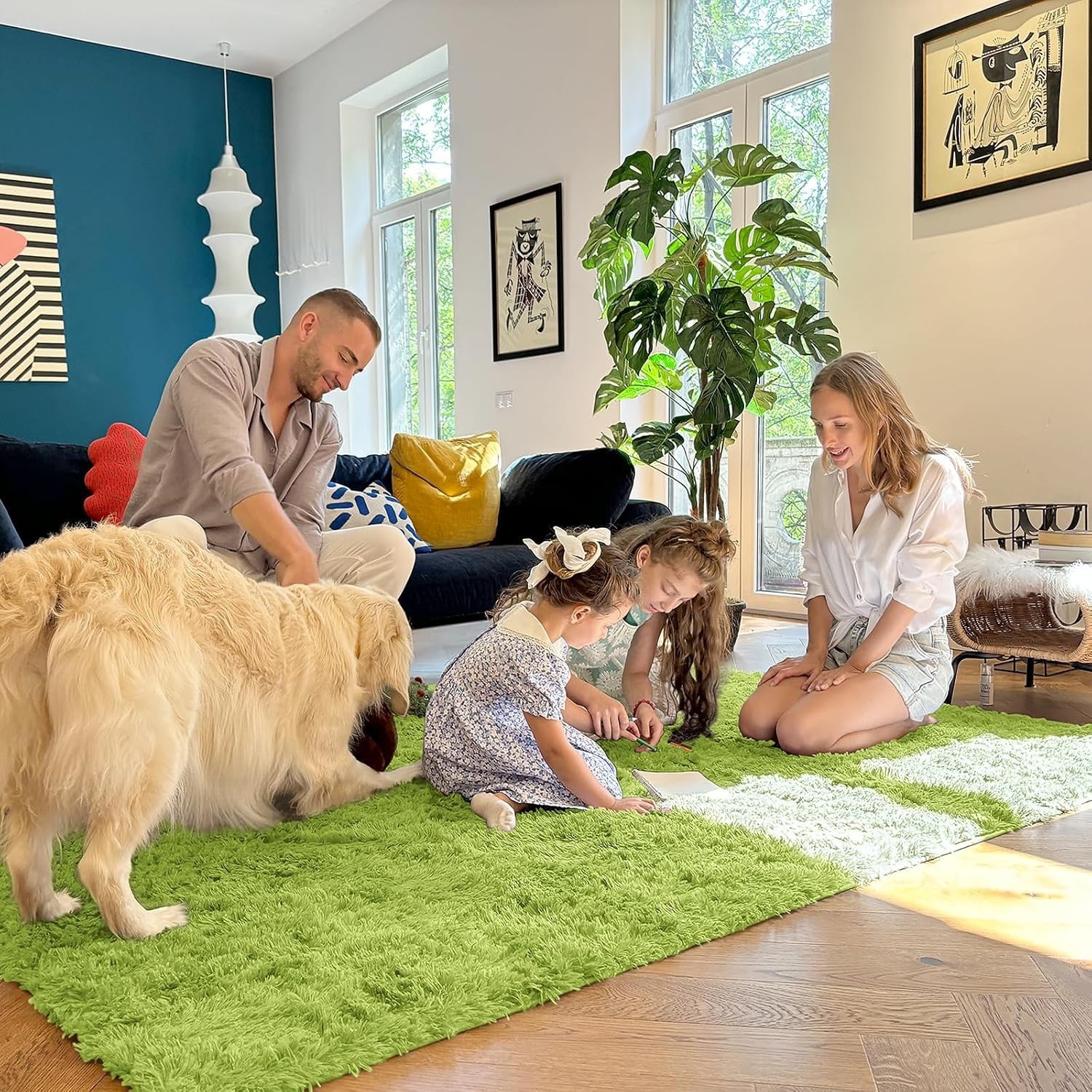 Family-Friendly 2×3 High Pile Rug – Washable Grass Green for Home Decor