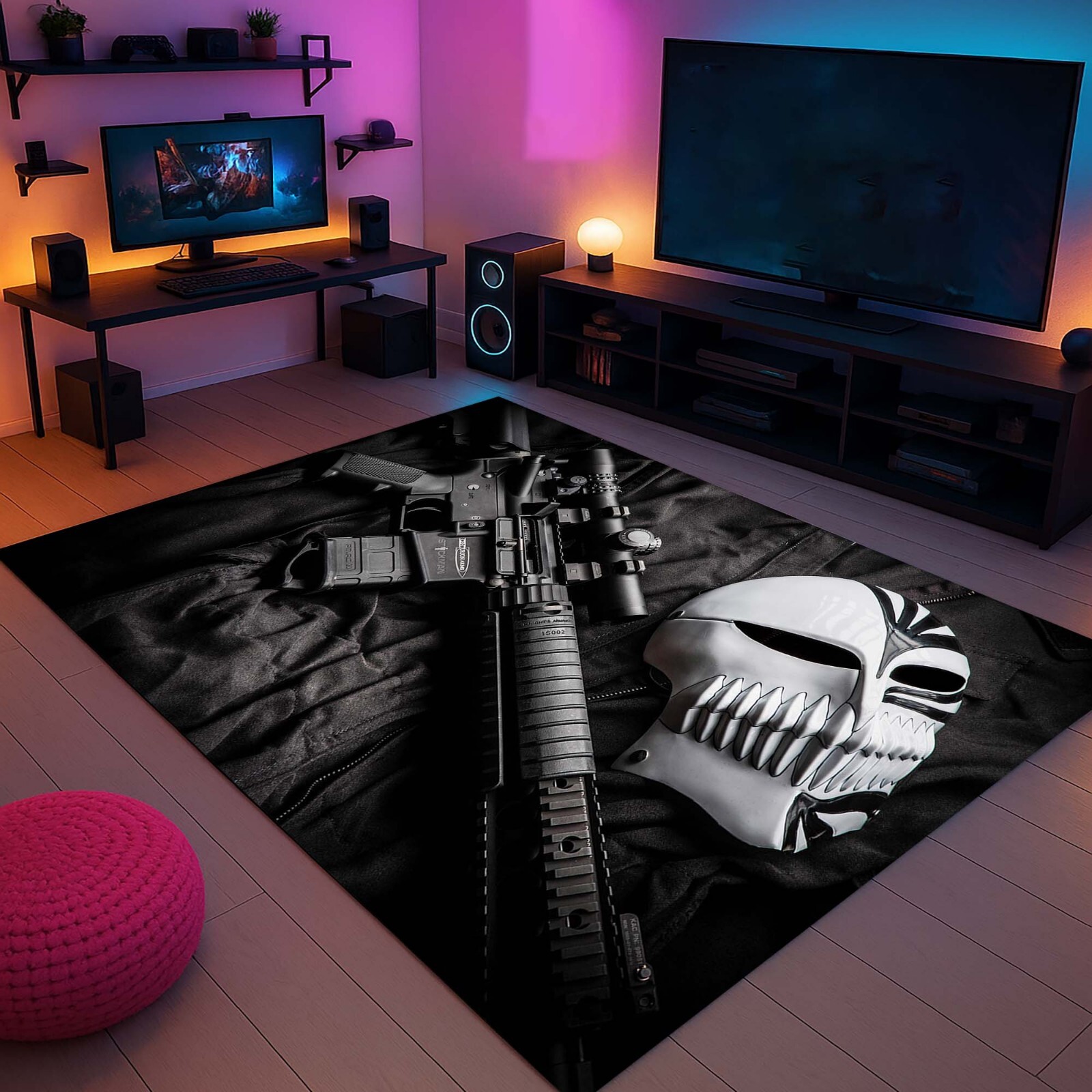 Gamer Rug, Tactical Decor, Dark Aesthetic Carpet, Skull Mask Rug, Military Theme
