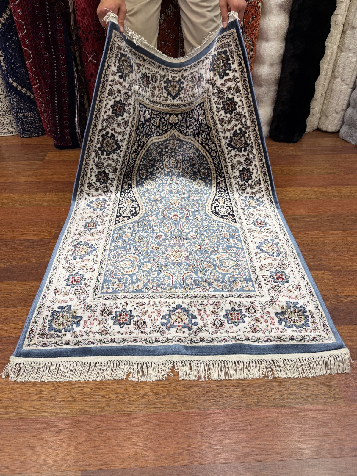 Turkish Silk Prayer Rug 3×5 FT Blue Islamic Seccade Brand New