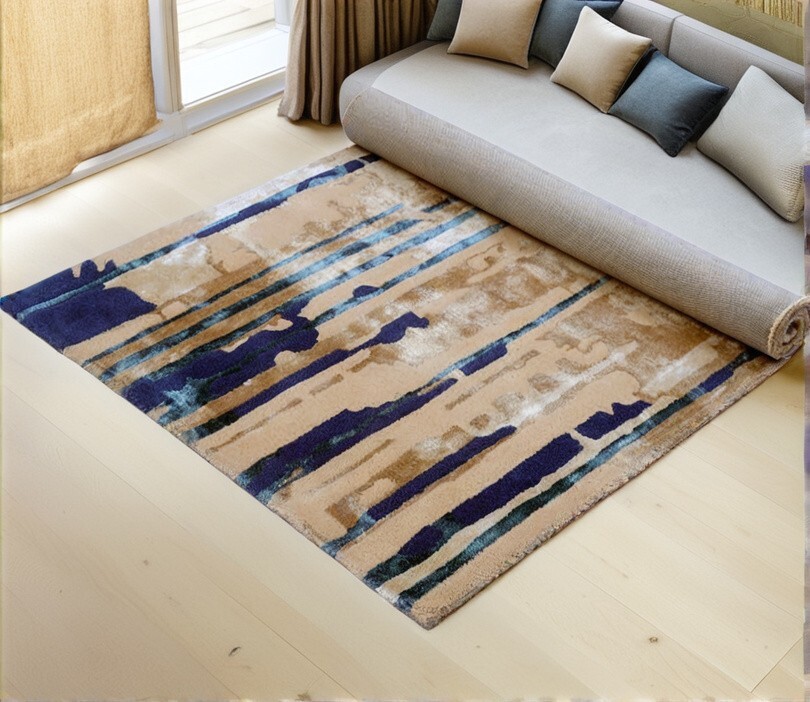 Blue and Beige Hand Tufted Mercurial Rug, Handmade Wool Area Rug Home Decor