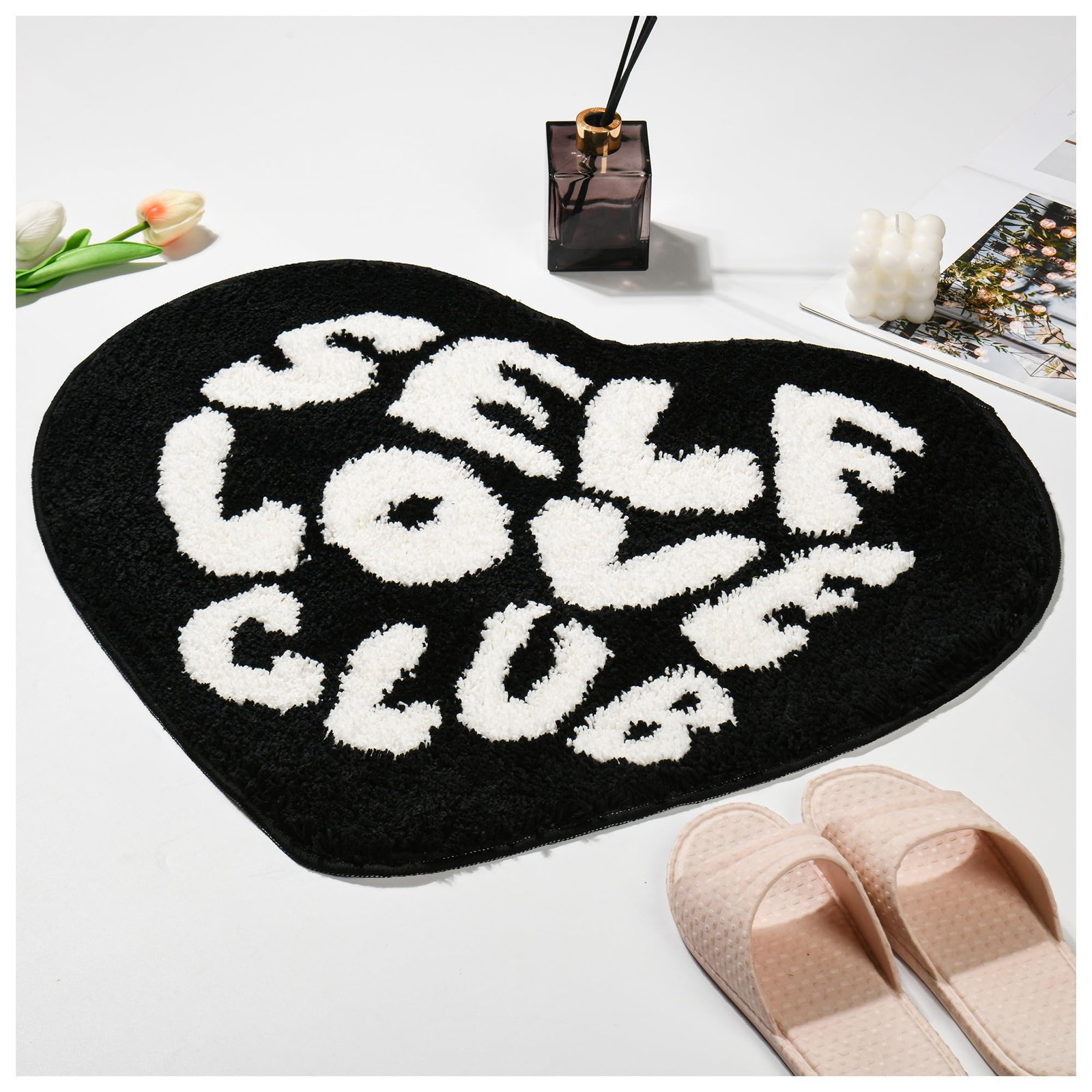 Heart Shaped Self Love Club Rug Microfiber Bath Mat Black Fits 21.6×25.9 Inch