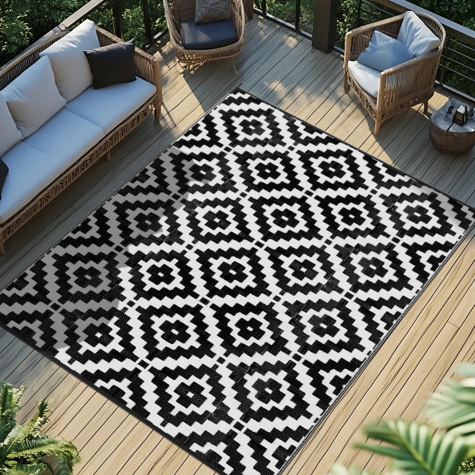 Favoyard Outdoor Rug Black & White 5×8 ft Waterproof Reversible Carpet Mat