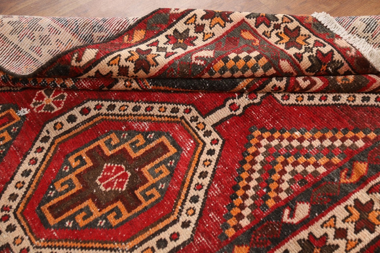 Red Geometric Tribal Area Rug 5×10 Hand-knotted Nomadic Vintage Wool Carpet