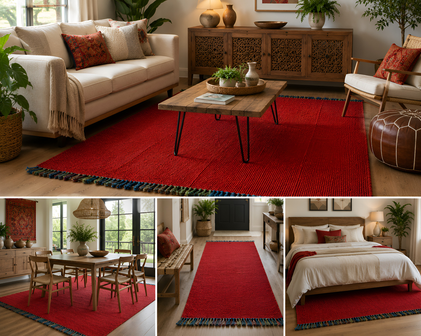 Hand Woven Jute Natural Red Rug Home Decor Carpet Boho Rug Modern Area Rug Mat