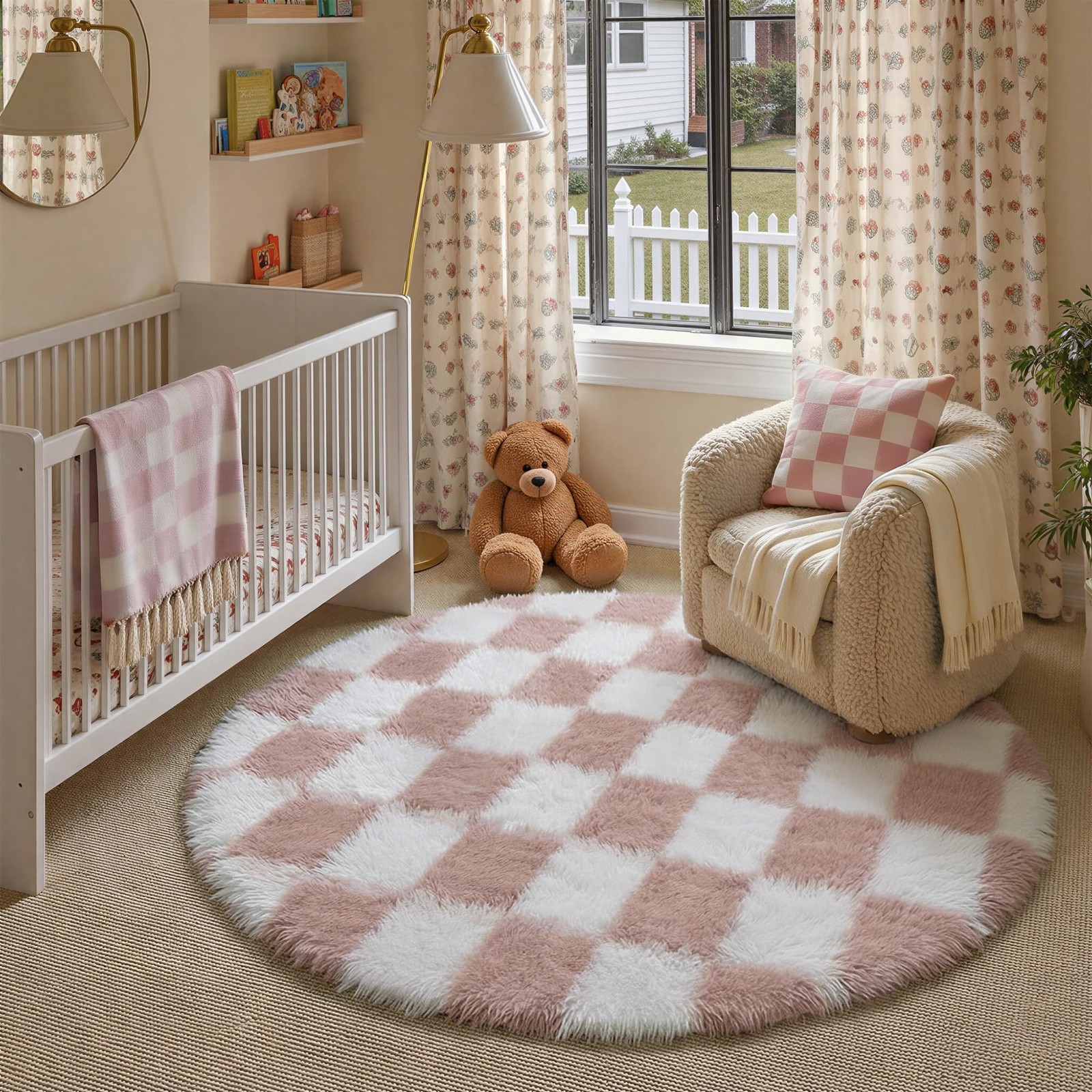Checkered 4×4 Round Rug Playroom Brown White Modern Shag Super Soft Washable
