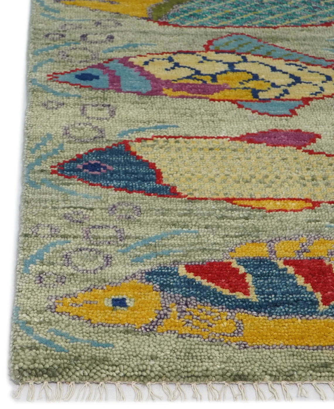 Hand Knotted Wool Runner Rug Fish Design Multicolor Oriental Hallway Carpet 2×8