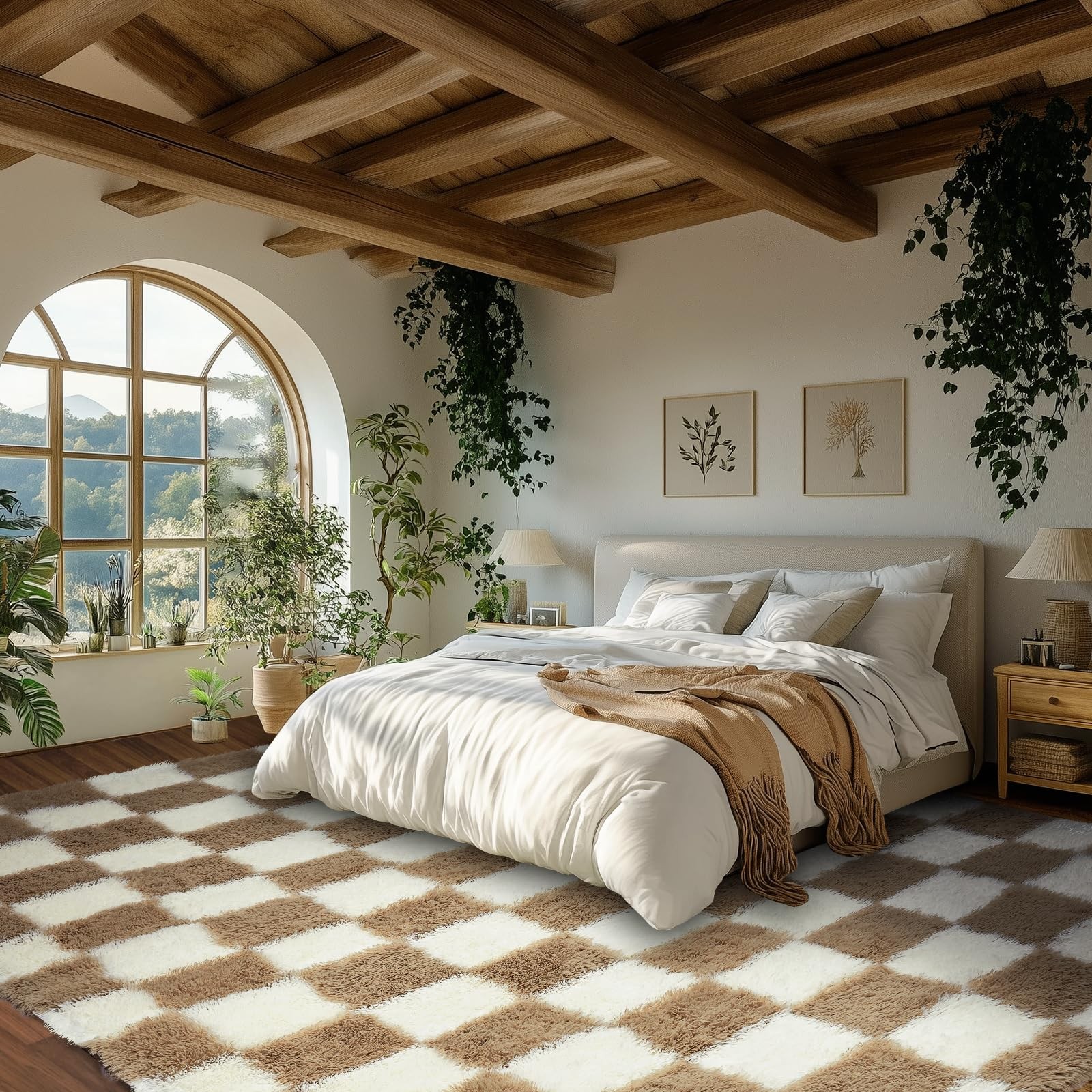 Soft Rugs for Living Room, 5×7 Ft Beige and White Checkered Fluffy Shaggy Rug…