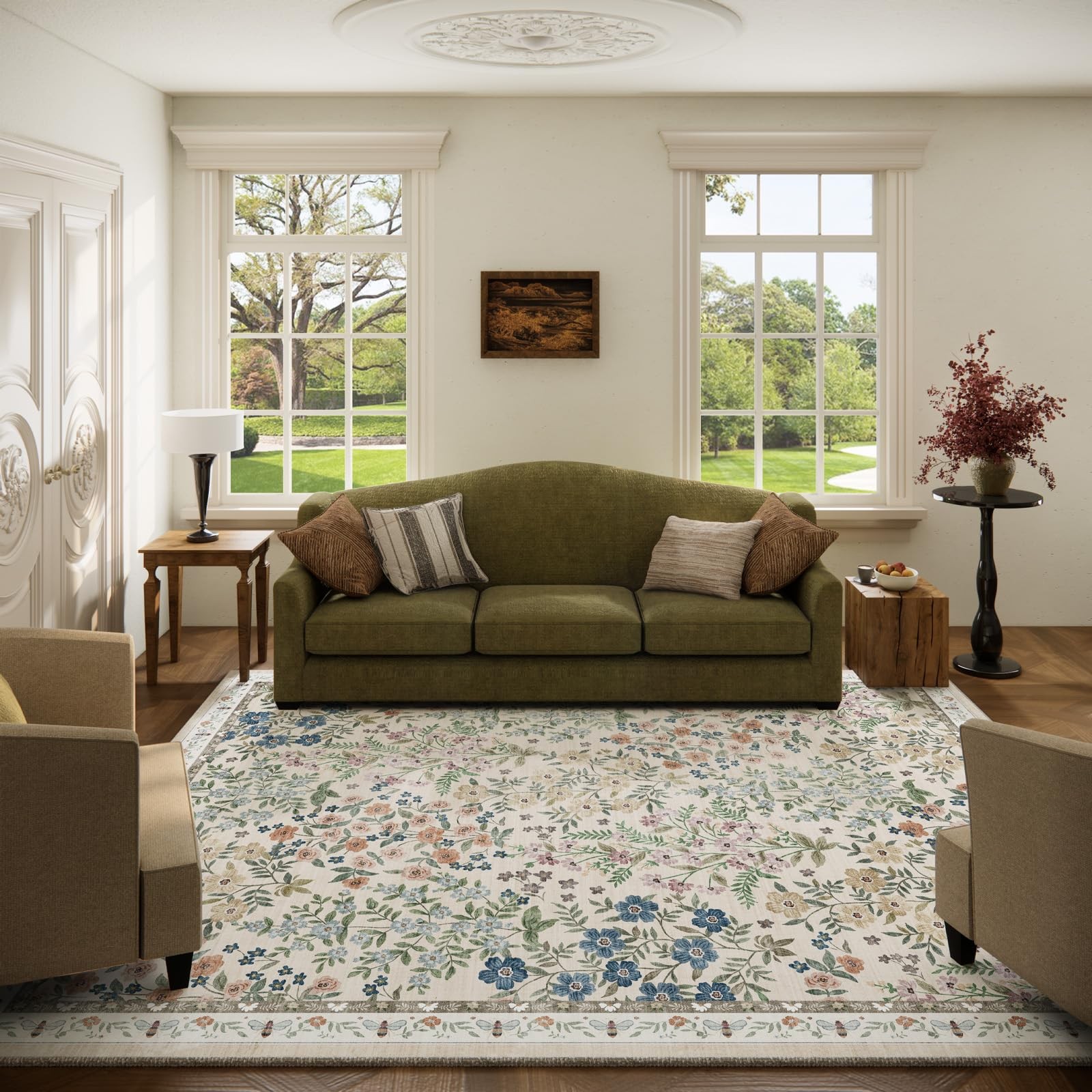 Machine Washable Rugs for Living 5′ x 7′ (Rectangular), Floral-light Beige