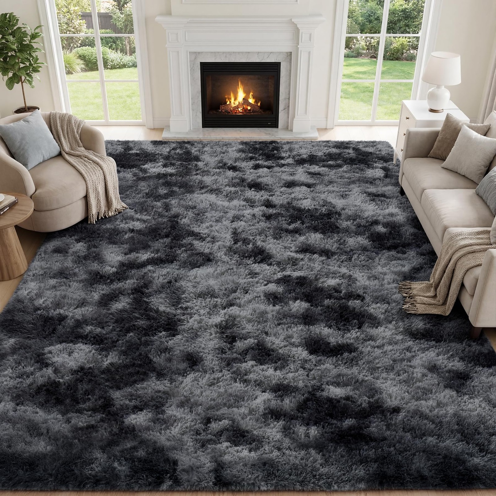 PLHXFR 8×10 Area Rugs Living Room: 8′ x 10′ (Rectangular), Tie-dyed Dark Grey