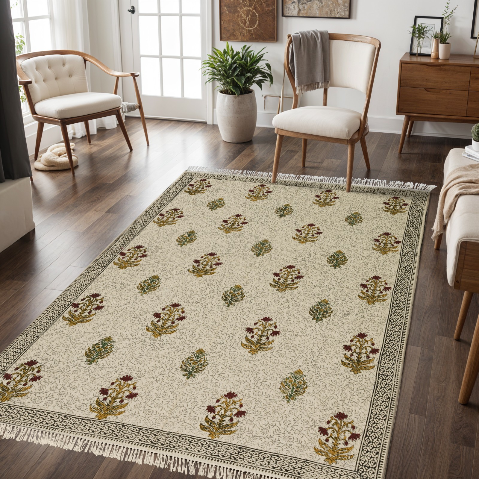 Hand Block Printed Cotton Area Rug 4×6 Floral Boho Farmhouse Fringe Carpet