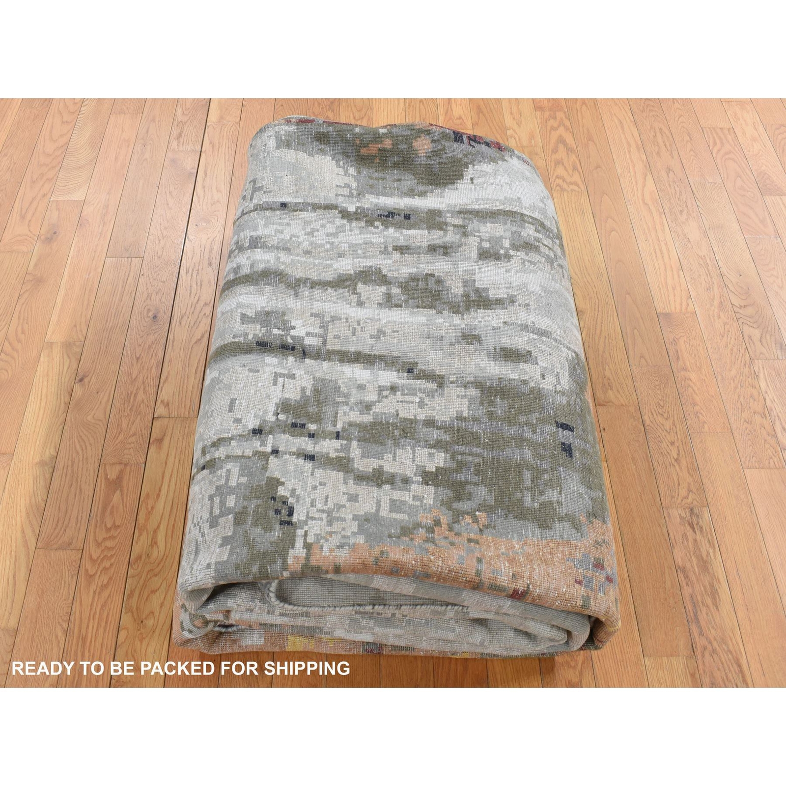 8’10″x12’3″ Gray Abstract Dripping Design Wool and Silk Hand Knotted Rug R87114