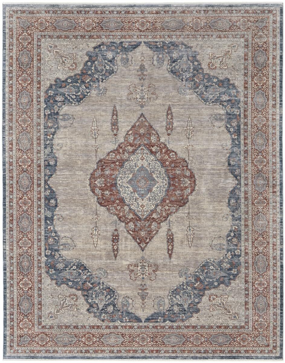 8′ X 10′ Gray Red And Blue Floral Power Loom Stain Resistant Area Rug