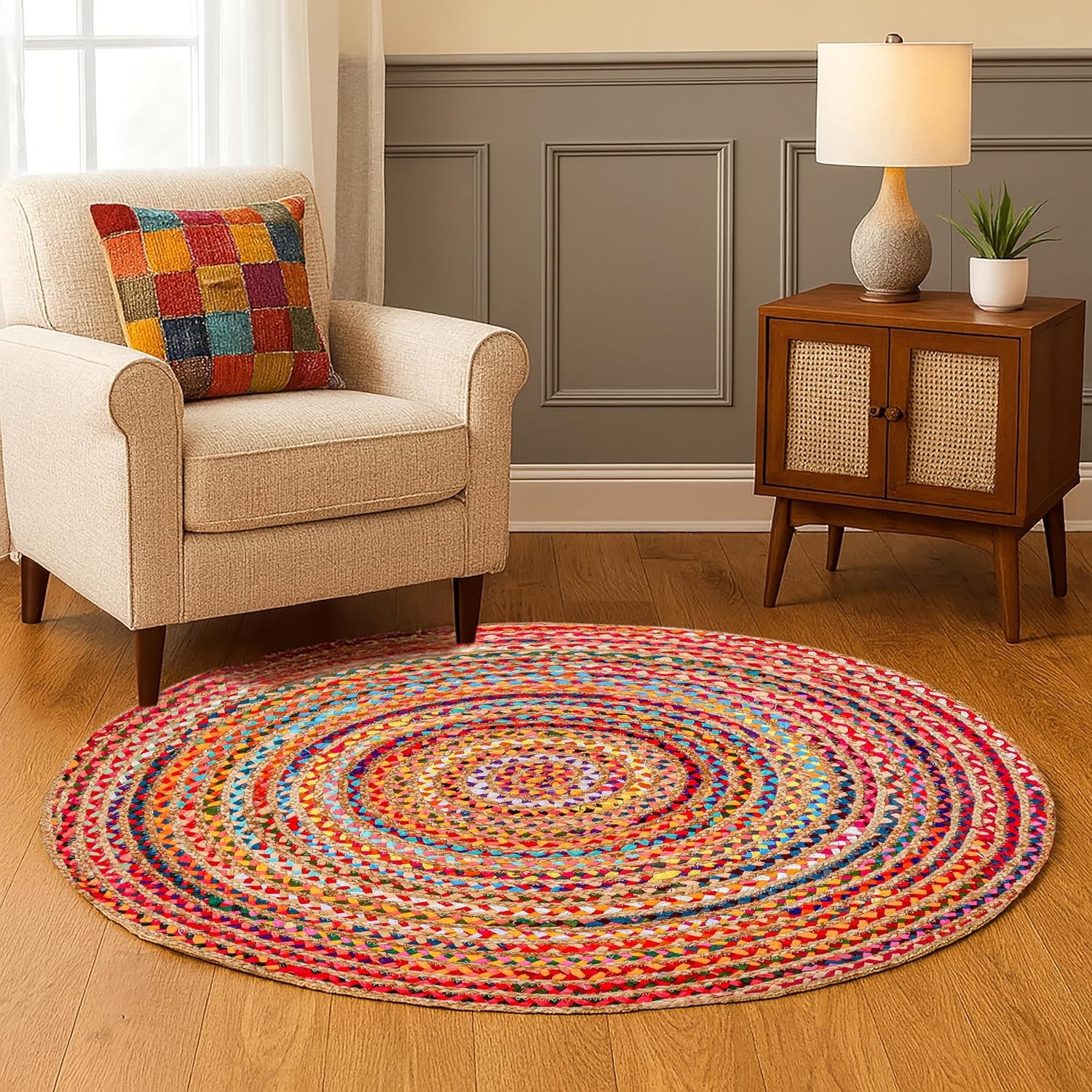Hausattire Bohemian Braided Rug 4′ Round – Multi Color, Circle Farmhouse Jute
