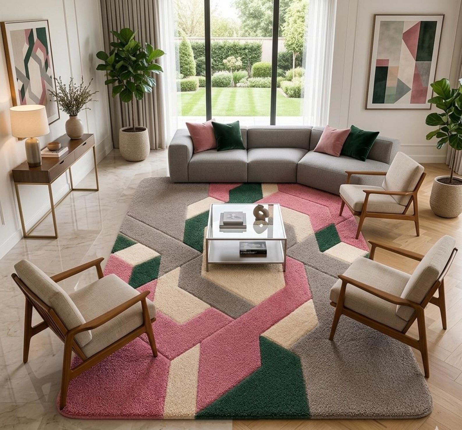 Hand Tufted Wool Rug Pink Green Geometric Abstract 9×12 Modern Living Room Carpe