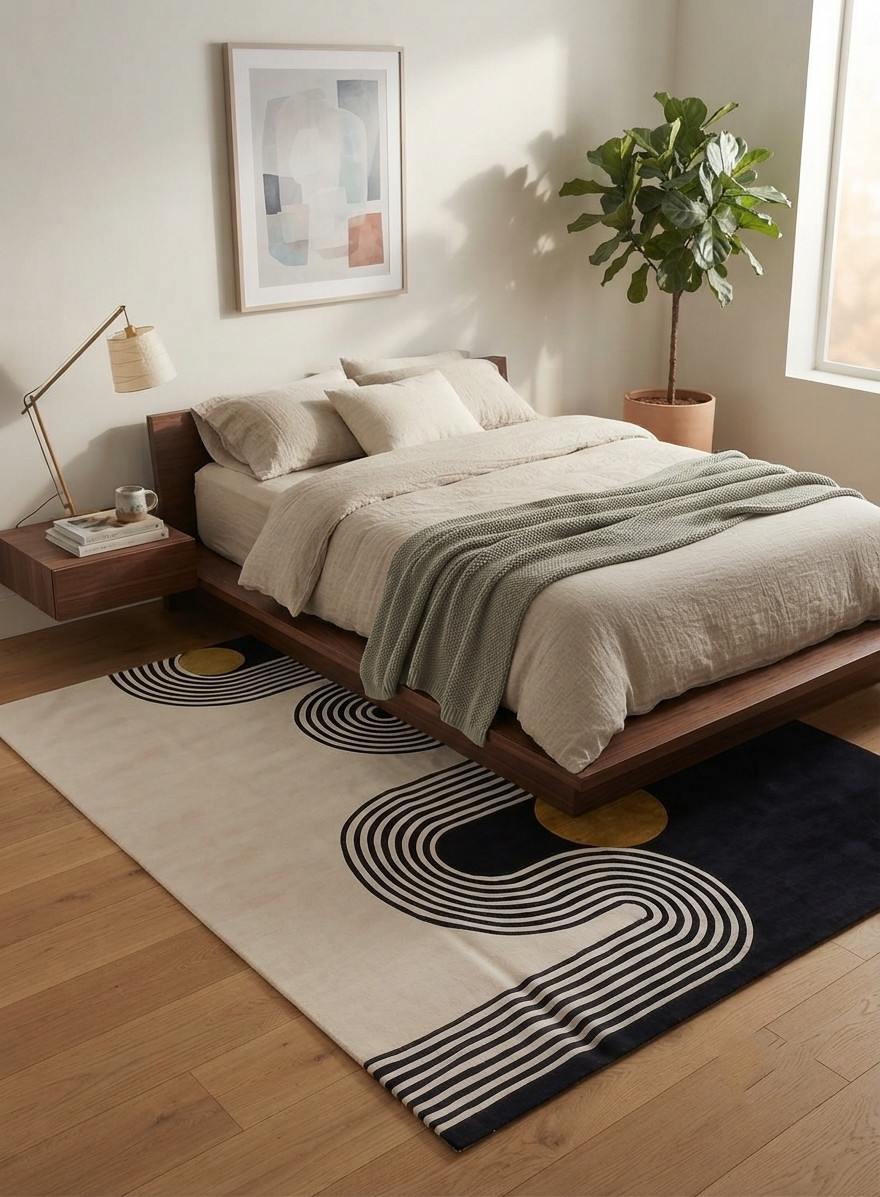 Modern Abstract Geometric Wool Rug 8×10 Black Ivory Mustard Scandi Area Carpet