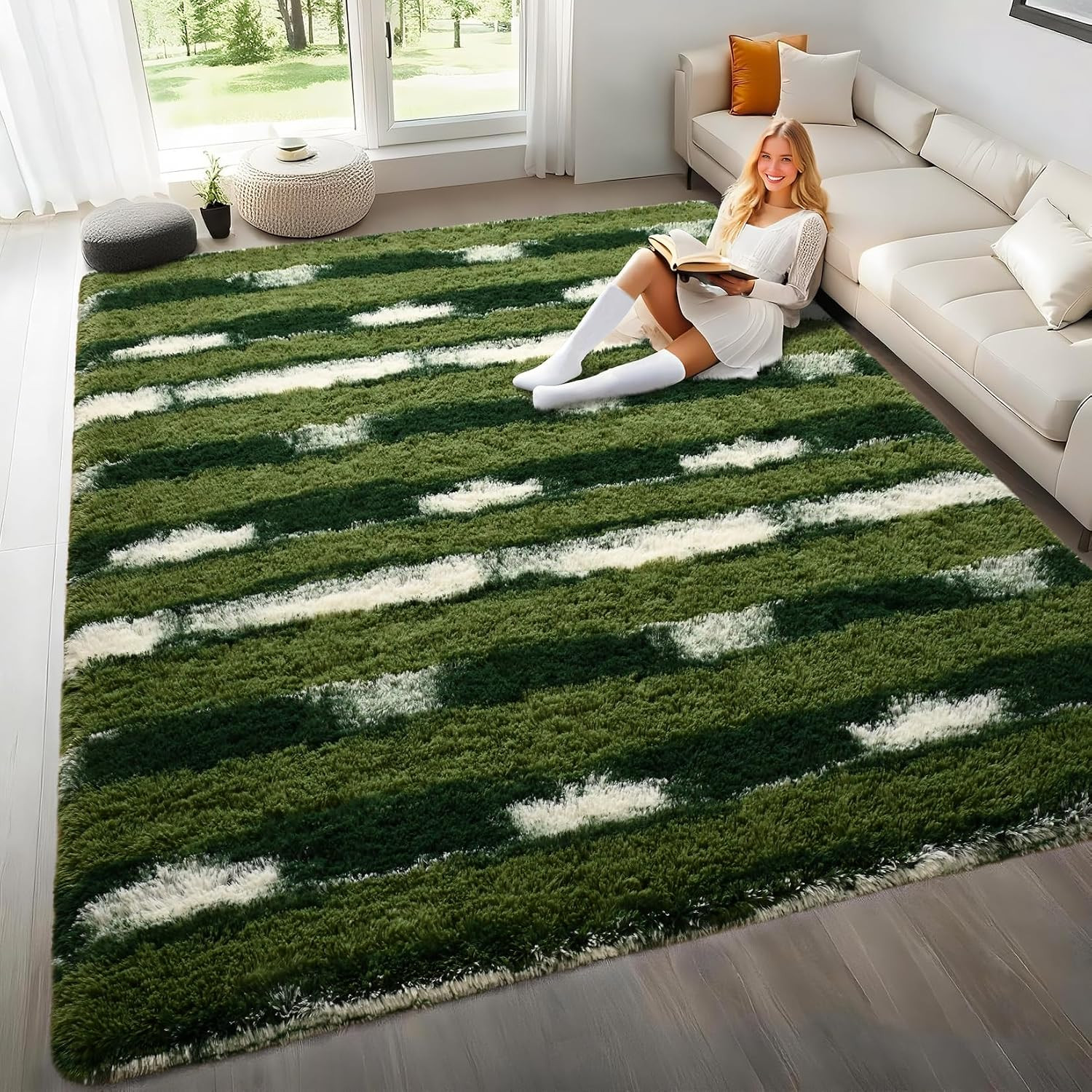 Green and White Rugs for Living Room Bedroom, 4X6 Fluffy Soft Plush Area Rugs