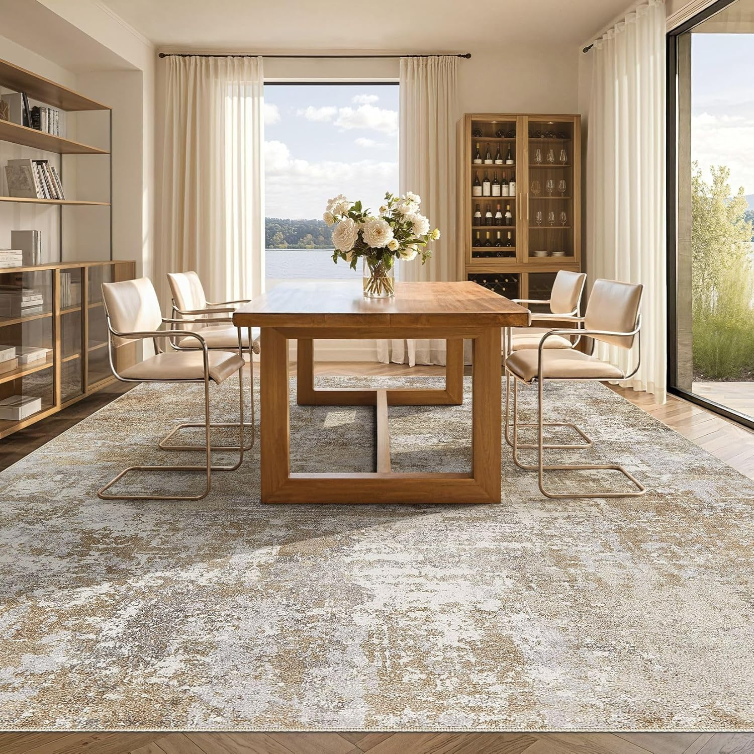 Washable 9X12 Area Rug for Living Room: Modern Abstract Neutral Large Soft Thin