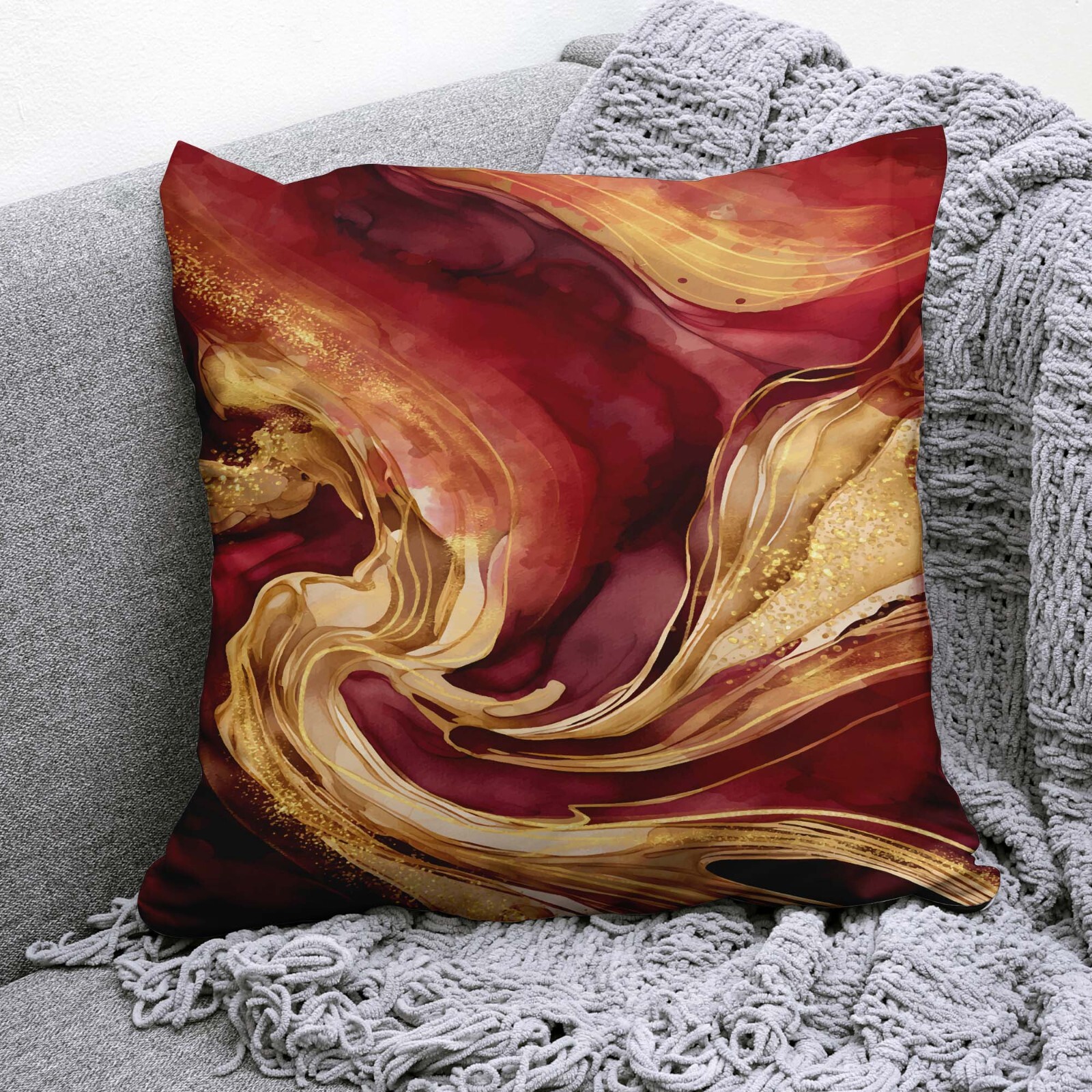 Abstract Pillow Cover, Red Gold Art, Modern Decor, Marble Style, Luxe Cushion