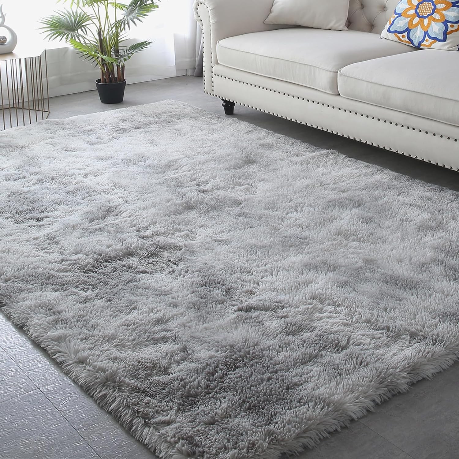 Grey Area Rug for Living Room: Indoor Ultra Soft Shag Plush Rugs for Bedroom – N