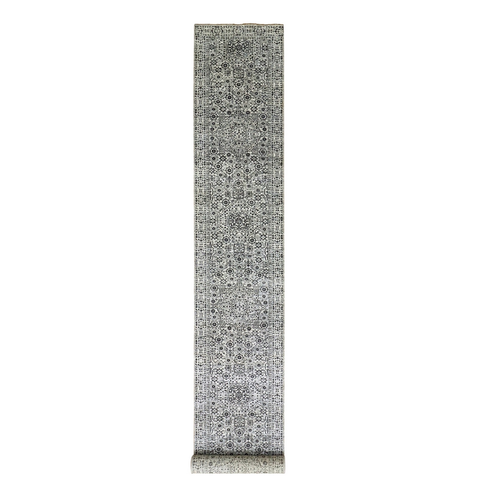 2’10″x18′ White Mamluk Dynasty Design Undyed Wool Hand Knotted Runner Rug R79689