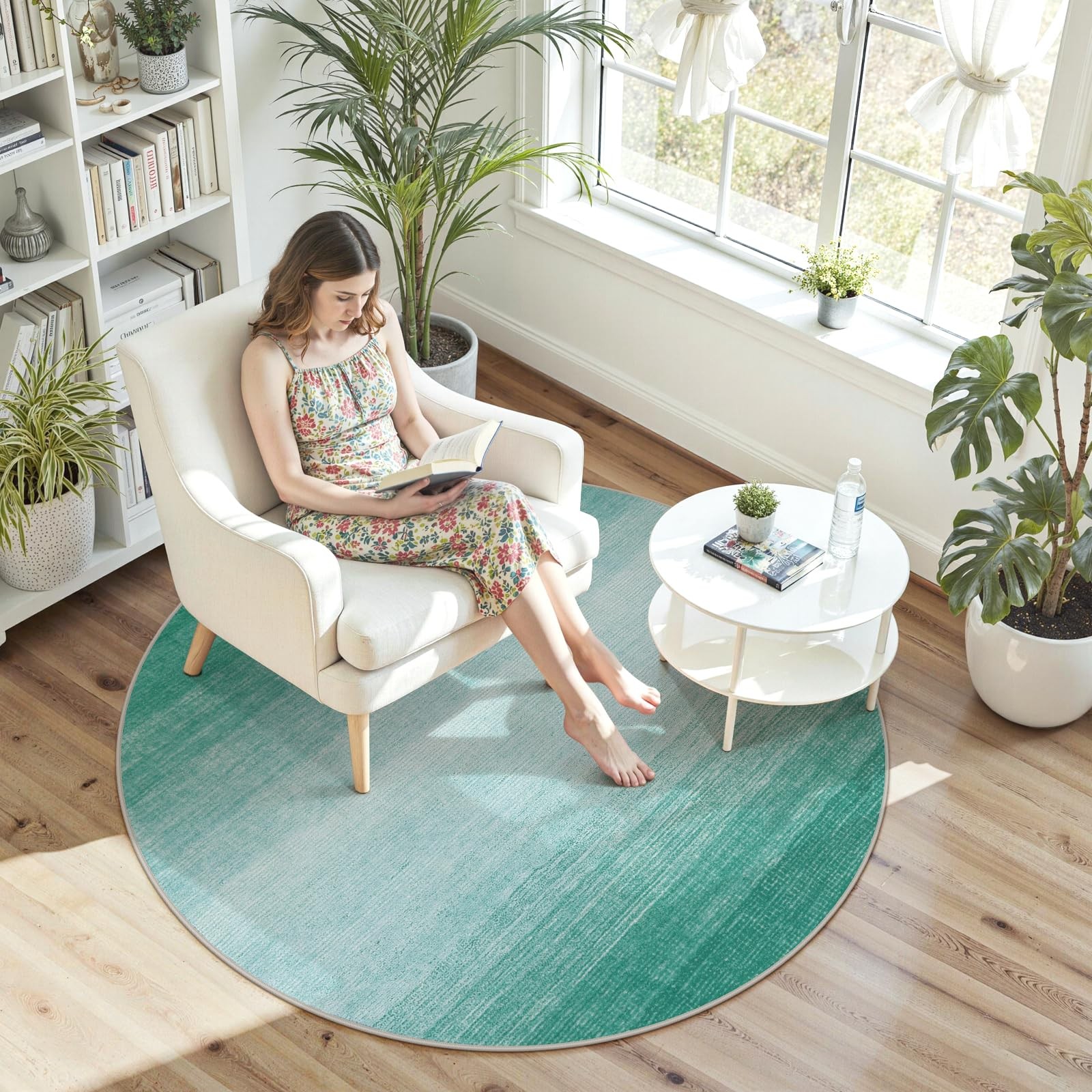Wonnitar Modern Ombre Washable Round Rug 4Ft Non-Slip Teal Round Bathroom Throw