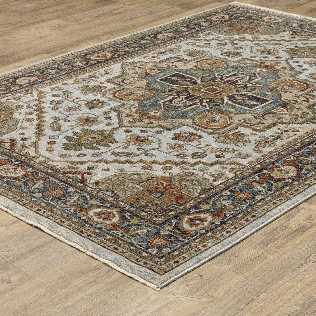 5′ X 8′ Ivory Beige Blue Orange Gold Green Grey And Rust Oriental Power Loom
