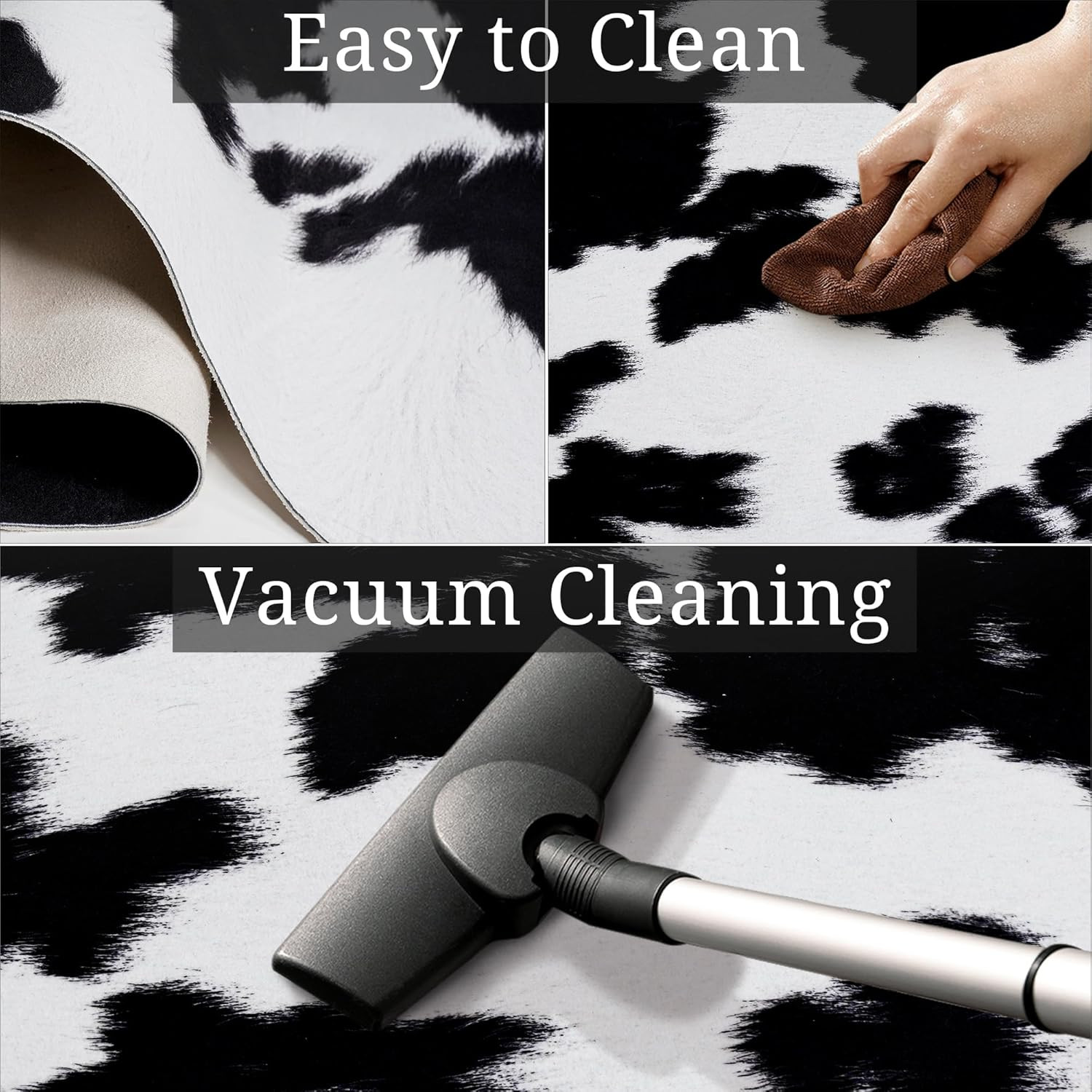 Black Cowhide Rug 5.2×6.2 Ft Western Style for Living Room & Bedroom Decor