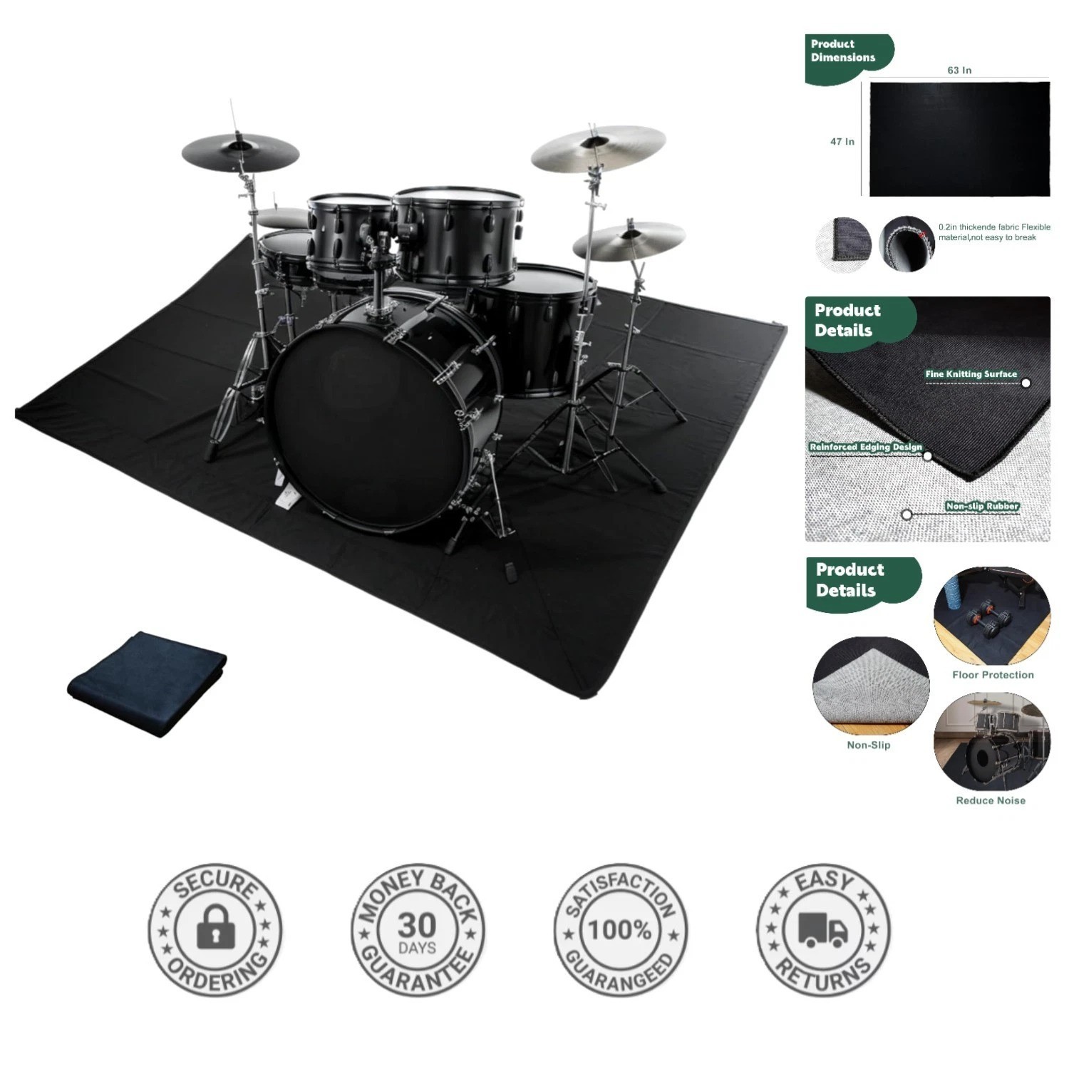 Elegant Drum Rug for Jazz & Electric Drums – 47x63in Non-Slip & Noise Reducing
