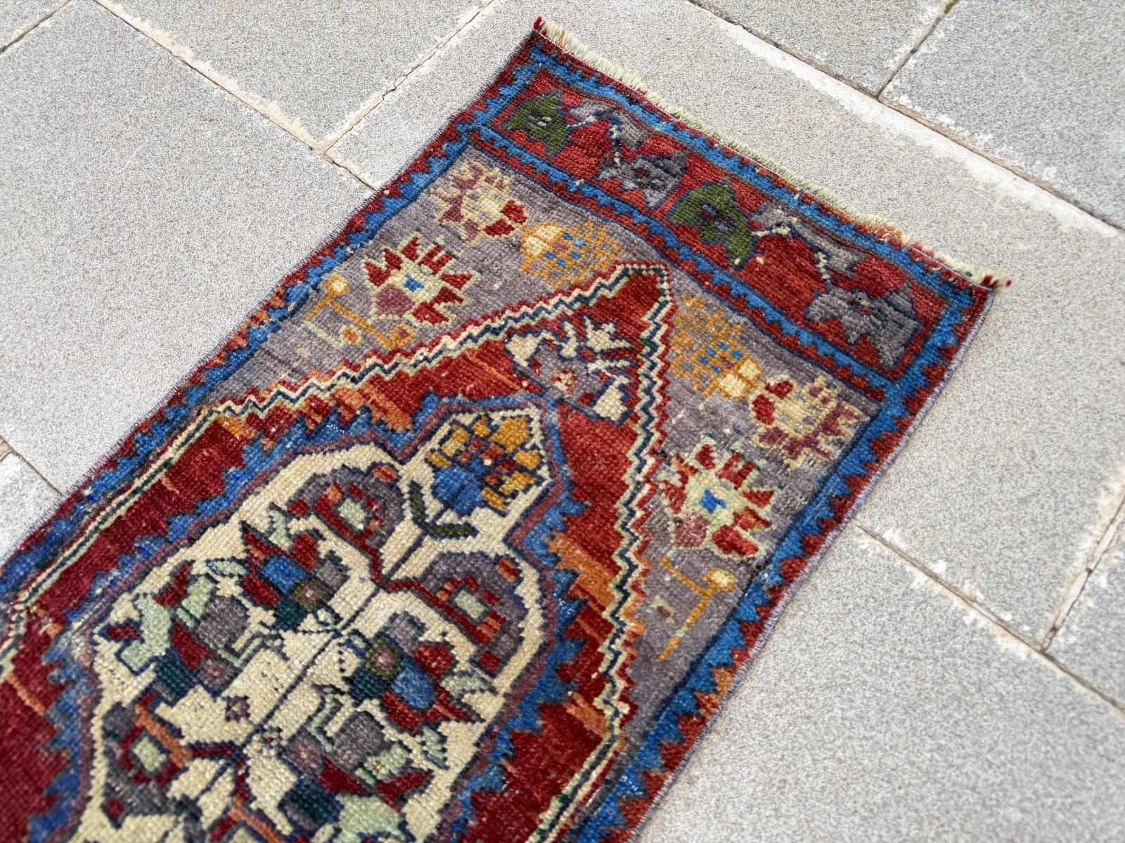 Vintage Turkish Rug 1.3×3.1 ft Faded Red Navy Blue Boho Accent Rug